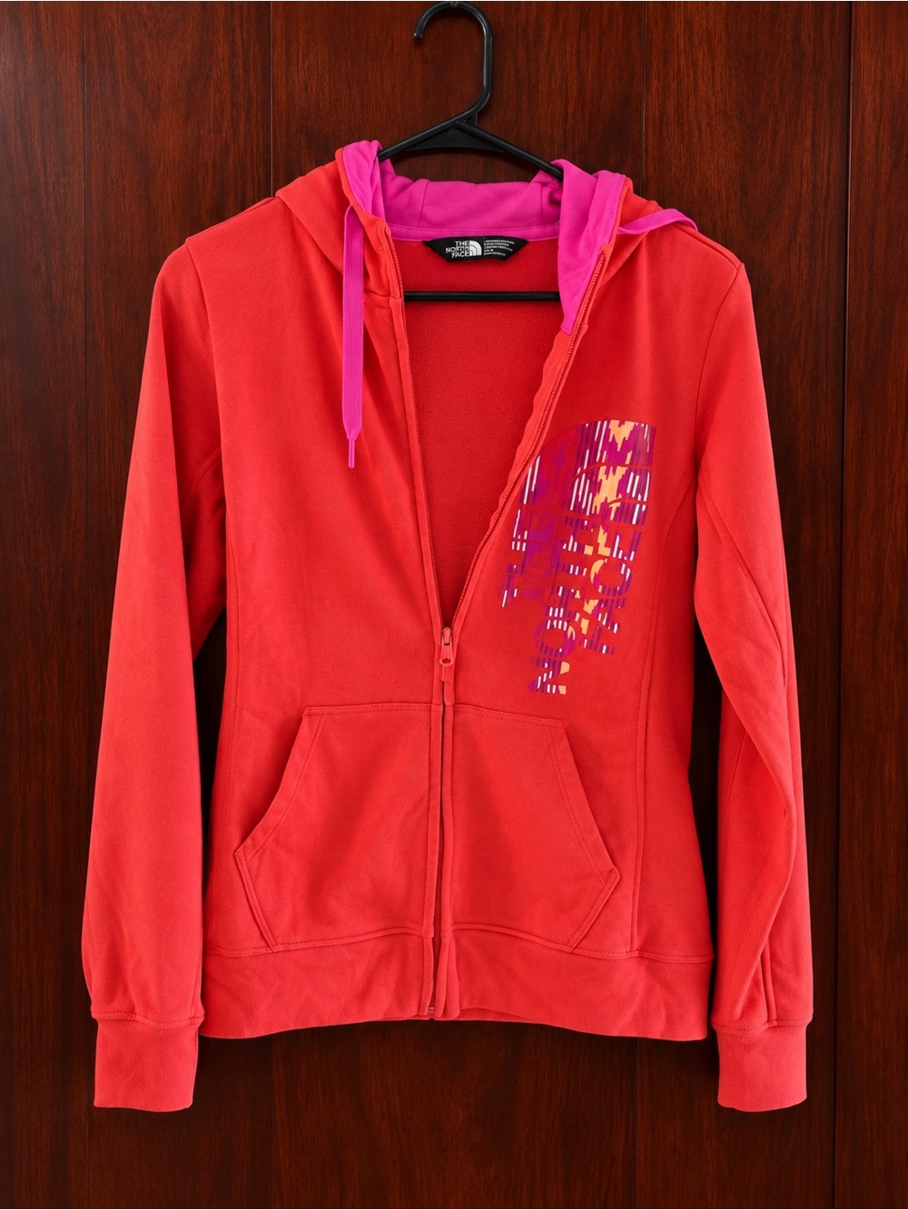 The North Face Red Zip Hoodie with Pink Hood Lining